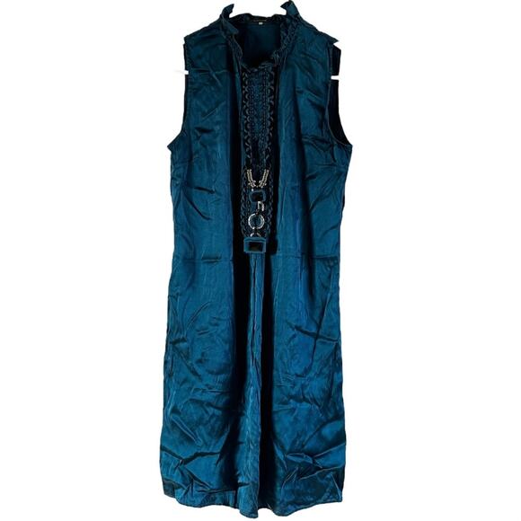 Elie Tahari Silk Dress Ruffle Mock Neck Shift With Built In Necklace Teal Blue 2 - Picture 1 of 8
